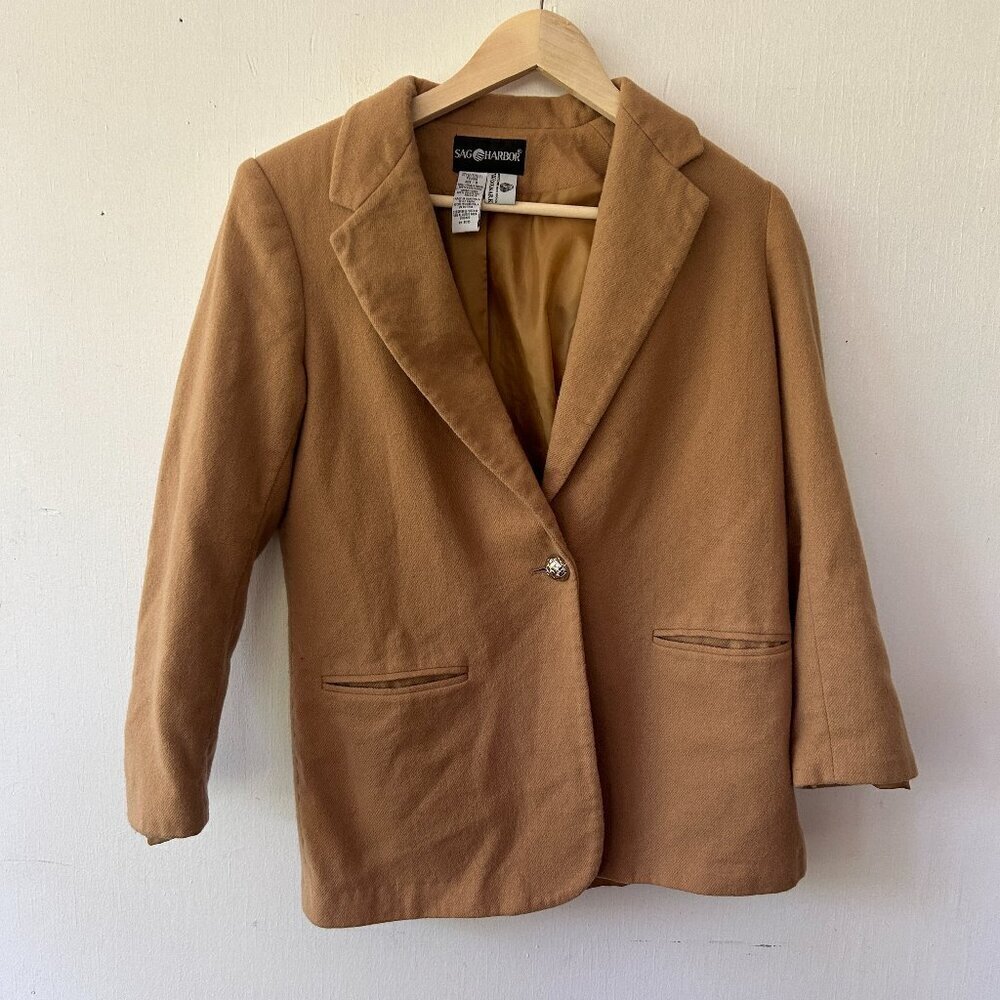 Sag Harbor Wool Blazer Womens 8 Beige Minimalist VTG Pockets Gold Buttons‎ Luxe